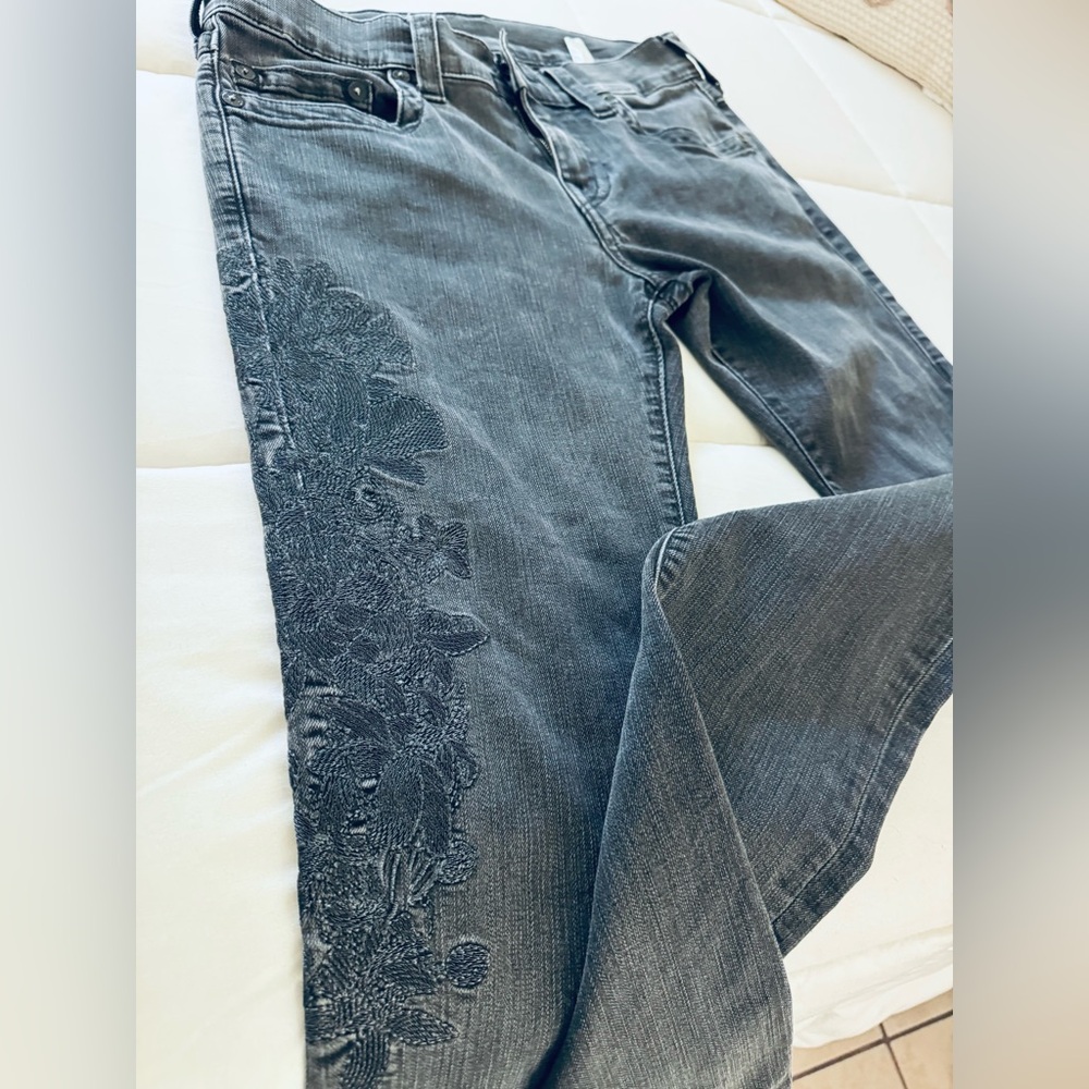 True Religion Women's Dark Gray Embroidered Jeans
